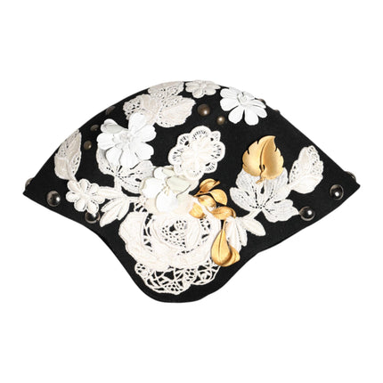 Dolce & Gabbana Black Wool White Floral Gold Leaf Cloche Hat