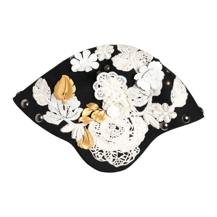 Dolce & Gabbana Black Wool White Floral Gold Leaf Cloche Hat