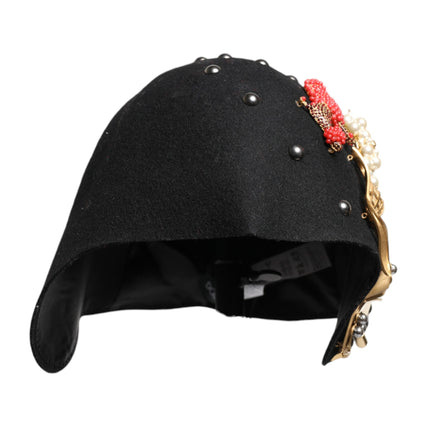 Dolce & Gabbana Black Wool Multicolor Embellished Cloche Hat