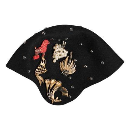 Dolce & Gabbana Black Wool Multicolor Embellished Cloche Hat