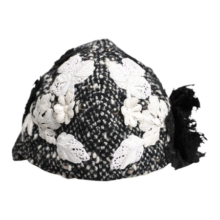 Dolce & Gabbana Black Wool White Floral Embellished Cloche Hat