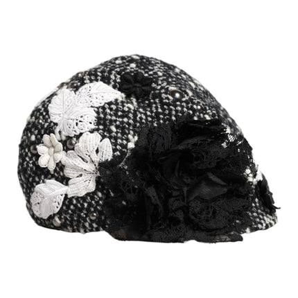 Dolce & Gabbana Black Wool White Floral Embellished Cloche Hat