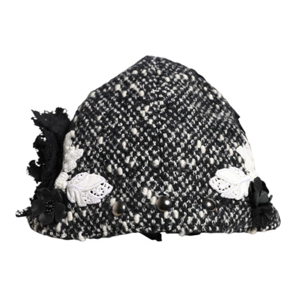 Dolce & Gabbana Black Wool White Floral Embellished Cloche Hat