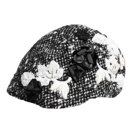 Dolce & Gabbana Black Wool White Floral Embellished Cloche Hat