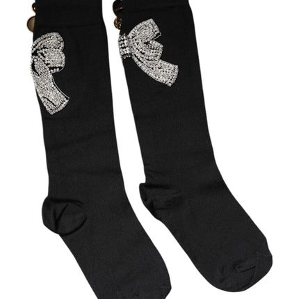 Dolce & Gabbana Black Knit Floral Crystal Embellishment Socks