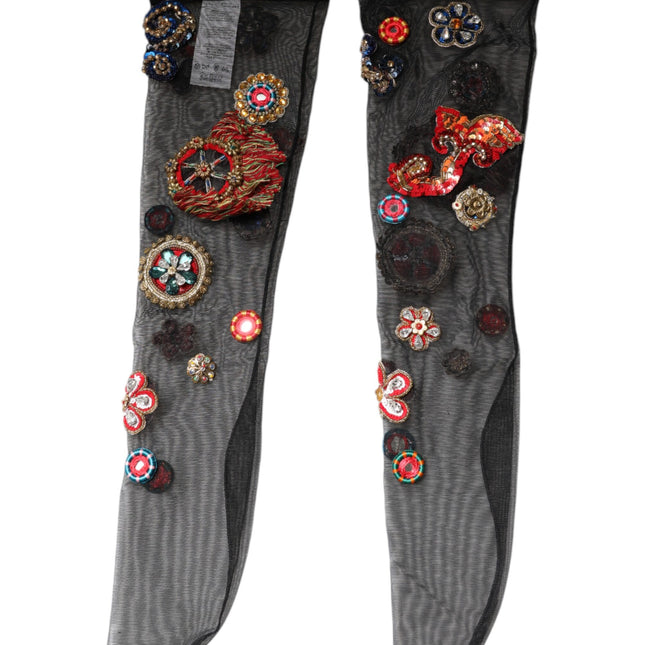 Dolce & Gabbana Black Stretch Carretto Crystal Stockings Socks