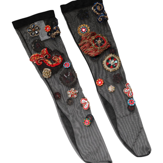 Dolce & Gabbana Black Stretch Carretto Crystal Stockings Socks