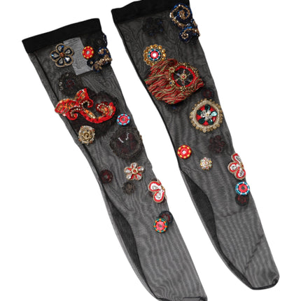 Dolce & Gabbana Black Stretch Carretto Crystal Stockings Socks