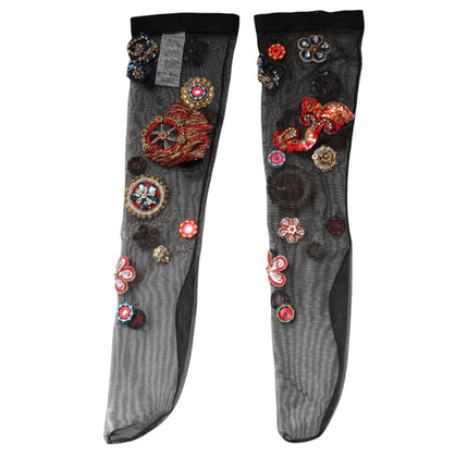 Dolce & Gabbana Black Stretch Carretto Crystal Stockings Socks