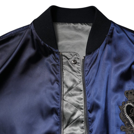 Dolce & Gabbana Blue Nylon DG Crown Full Zip Bomber Jacket