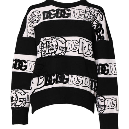 Dolce & Gabbana Black White Logo Print Wool Pullover Sweater