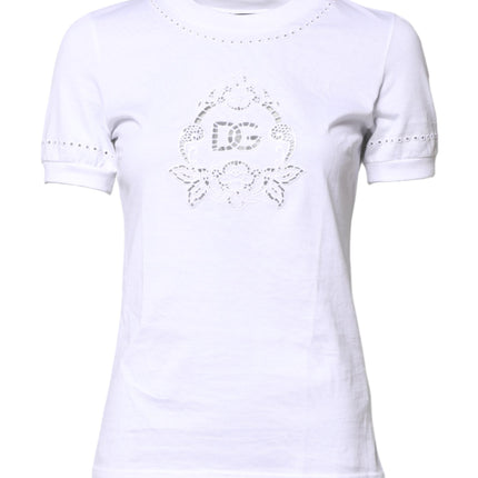 Dolce & Gabbana White Cotton Floral Logo Crew Neck T-shirt