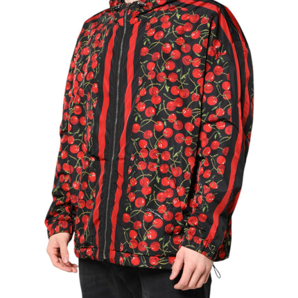 Dolce & Gabbana Black Cherry Print Hooded Windbreaker Jacket