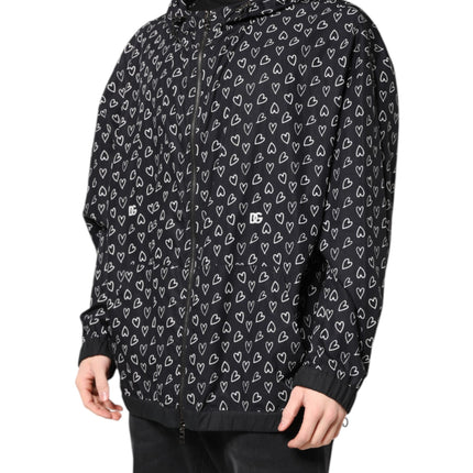 Dolce & Gabbana Black Heart Print Hooded Windbreaker Jacket