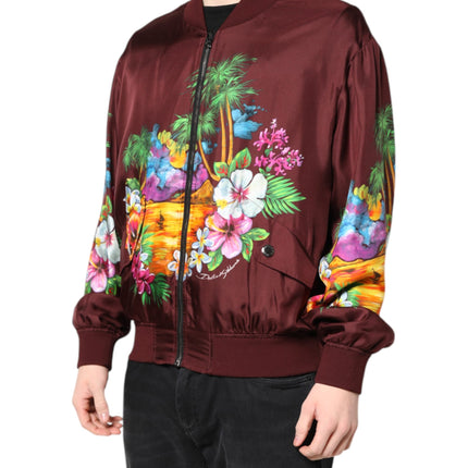 Dolce & Gabbana Maroon Floral Print Full Zip Bomber Jacket