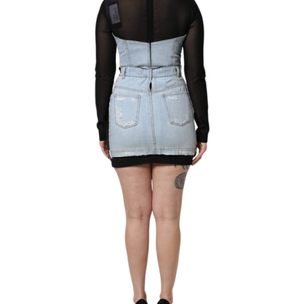 Dolce & Gabbana Black Blue Long Sleeves Denim Mini Dress