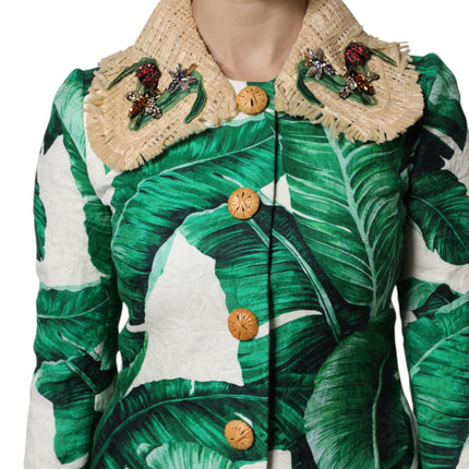 Dolce & Gabbana Multicolor Leaf Print Embellished Trenchcoat Jacket