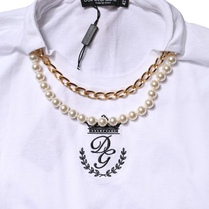 Dolce & Gabbana White Chain Pearl Cotton Round Neck T-shirt