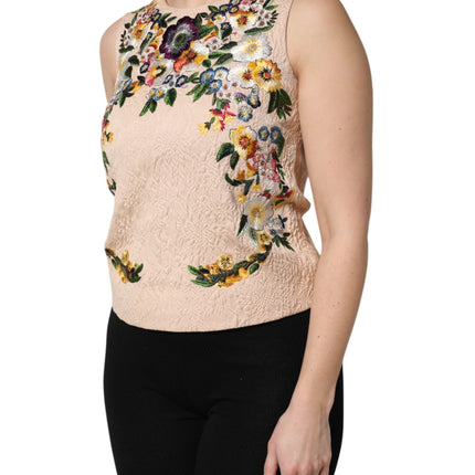 Dolce & Gabbana Beige Floral Embroidery Sleeveless Tank Top