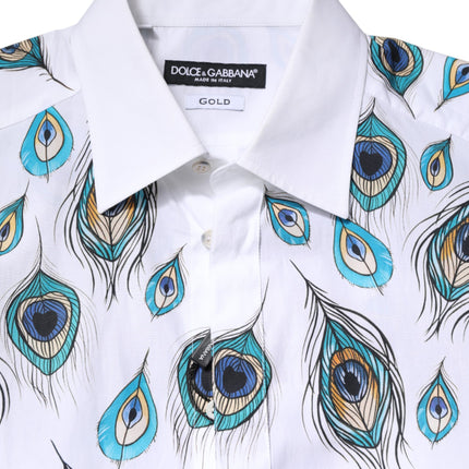 Dolce & Gabbana White Cotton Feather Print GOLD Dress Shirt