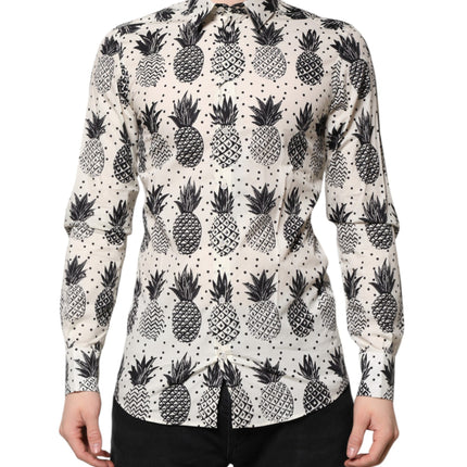 Dolce & Gabbana White Pineapple Print Long Sleeve GOLD Shirt