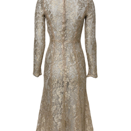 Dolce & Gabbana Gold Floral Lace Long Sleeves Fit & Flare Dress