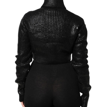 Dolce & Gabbana Black Wool Long Sleeve Turtleneck Cropped Top