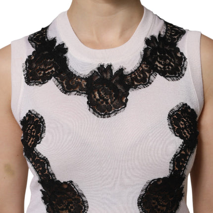 Dolce & Gabbana White Cashmere Floral Lace Detailing Tank Top