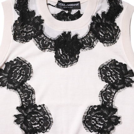 Dolce & Gabbana White Cashmere Floral Lace Detailing Tank Top