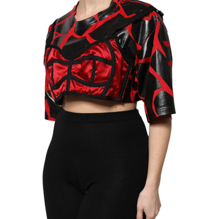 Dolce & Gabbana Red Black Cotton Bustier Detailing Cropped Top
