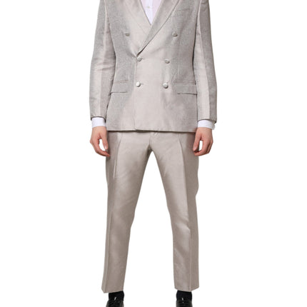 Dolce & Gabbana Light Gray Jacquard Silk Dotted 2 Piece Suit