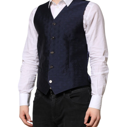 Dolce & Gabbana Dark Blue Logo Wool Formal Men Waistcoat Vest