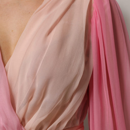 Dolce & Gabbana Pink Plunging V-neck Long Sleeves Blouse Top