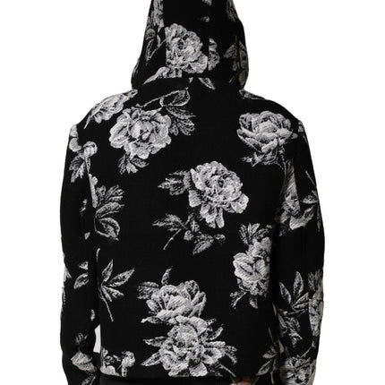 Dolce & Gabbana Black Wool Floral Printed Men Hooded Jacket