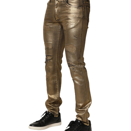 Dolce & Gabbana Gold Tattered Cotton Stretch Slim Denim Jeans