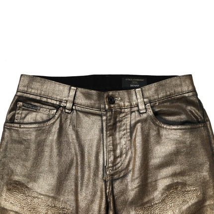 Dolce & Gabbana Gold Tattered Cotton Stretch Slim Denim Jeans