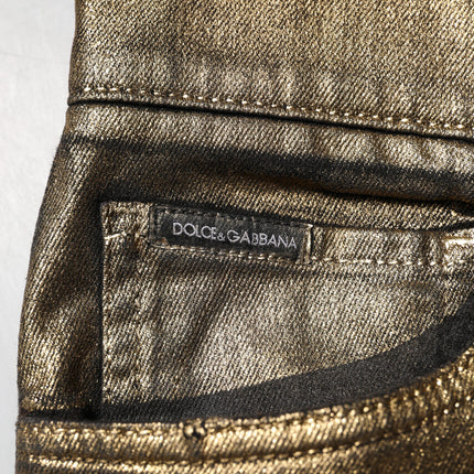 Dolce & Gabbana Gold Tattered Cotton Stretch Slim Denim Jeans