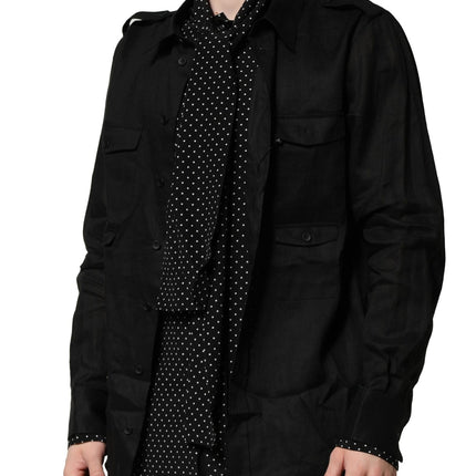 Dolce & Gabbana Black Polka Dot Linen Silk Men Casual Shirt