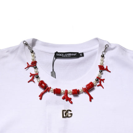Dolce & Gabbana White Embellished Cotton Crew Neck T-shirt
