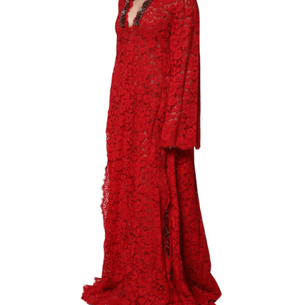 Dolce & Gabbana Red Floral Lace Rhinestone Embellished Dress