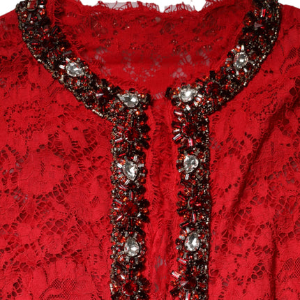 Dolce & Gabbana Red Floral Lace Rhinestone Embellished Dress