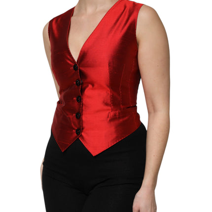 Dolce & Gabbana Red Black Button Down Sleeveless Vest Top