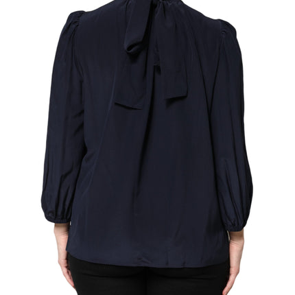 Dolce & Gabbana Blue Silk Mock Neck Long Sleeves Blouse Top