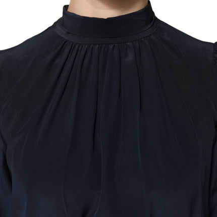 Dolce & Gabbana Blue Silk Mock Neck Long Sleeves Blouse Top