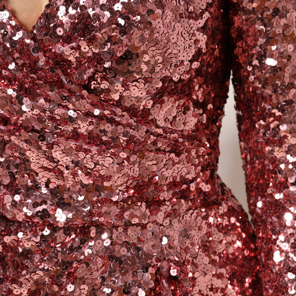Dolce & Gabbana Pink Sequin Statement Nylon Midi V-Neck Dress