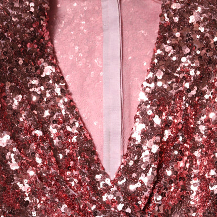 Dolce & Gabbana Pink Sequin Statement Nylon Midi V-Neck Dress