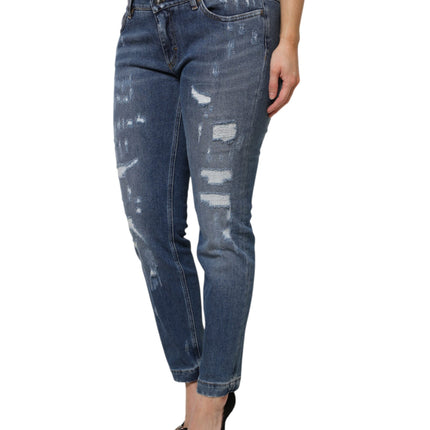 Dolce & Gabbana Blue Tattered Cotton Low Waist Denim Jeans