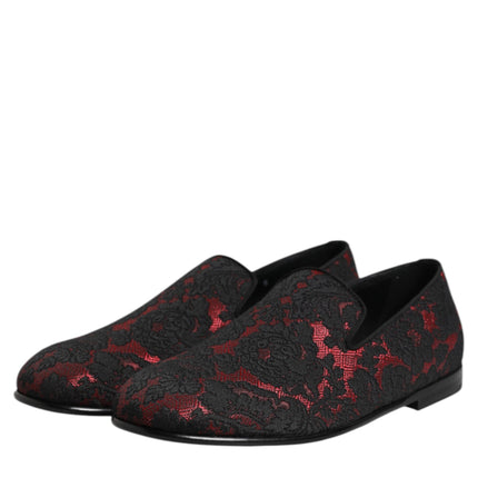 Dolce & Gabbana Red Black Jacquard Slip On Loafers Shoes