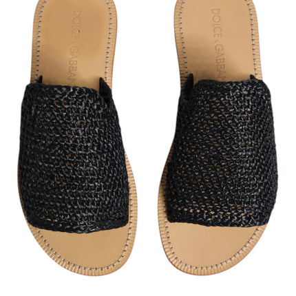 Dolce & Gabbana Black Monochrome Braided Raffia Slides Shoes