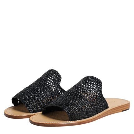 Dolce & Gabbana Black Monochrome Braided Raffia Slides Shoes